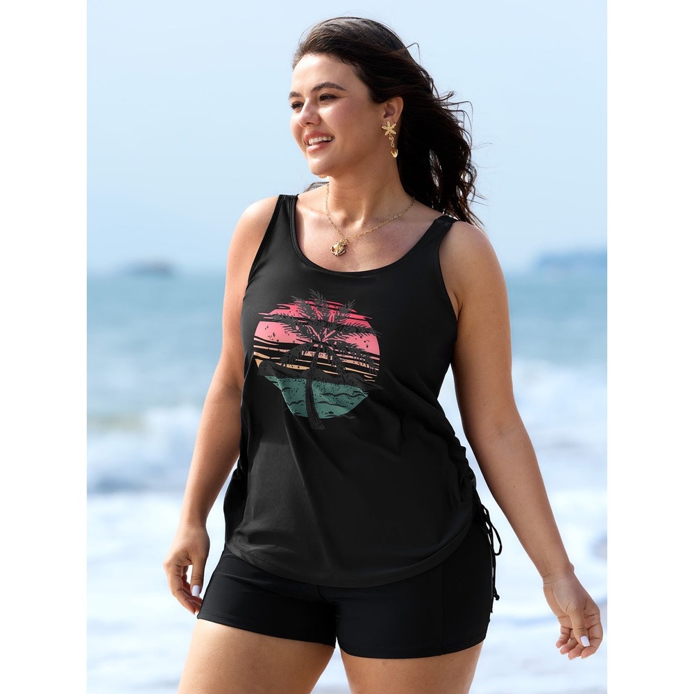 BloomChic Women Plus Size 26 Black Palm Tree Sunset Tankini Swim‎ Top NWT Resort